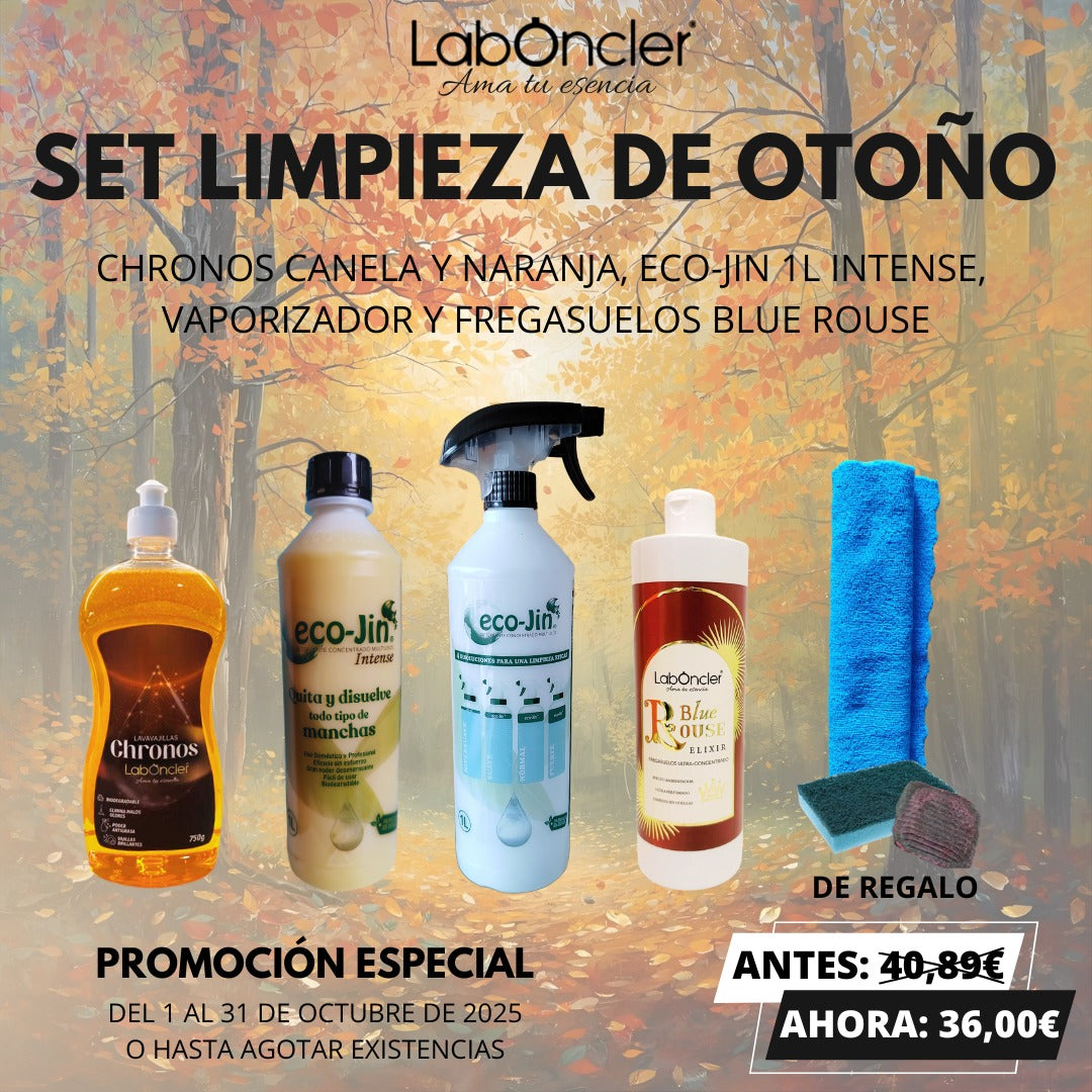SET DE LIMPIEZA OTOÑO (ECO-JIN con DIFUSOR+CHRONOS + ELIXIR + BAYETA MICROFIBRA+EST.CON ESPONJA+EST.JABONOSO)