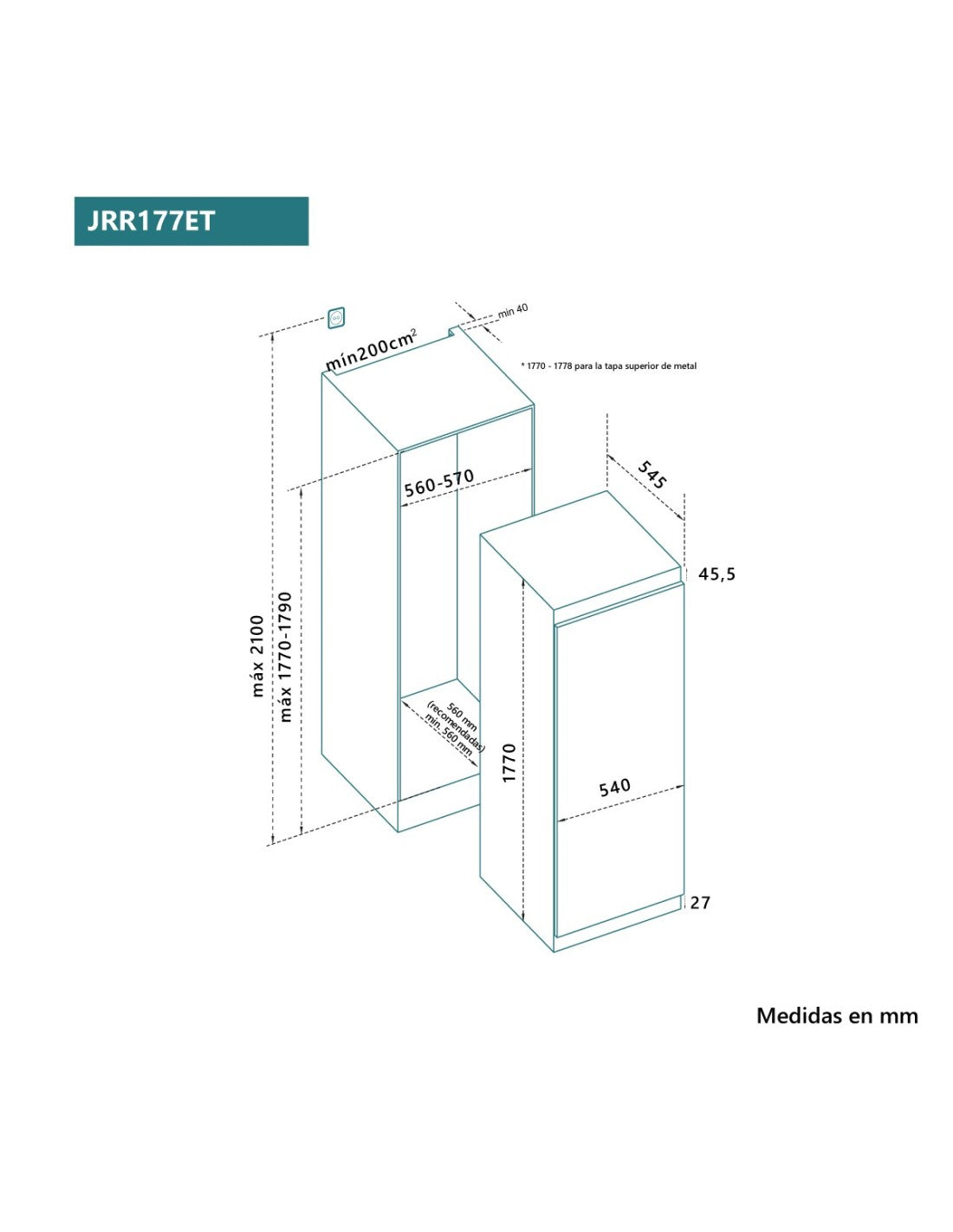 Frigorífico vertical de 1 puerta integrable Johnson 177x54 cm E JRR177ET