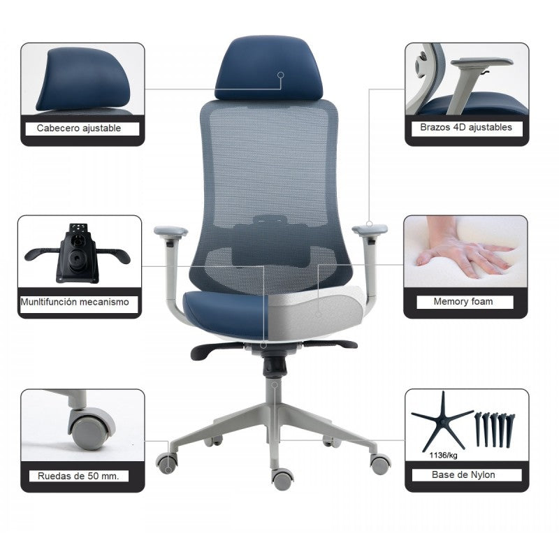 Sillón de oficina ARANJUEZ, alto, gris, ergonómico, multifunción, malla y asiento azul
