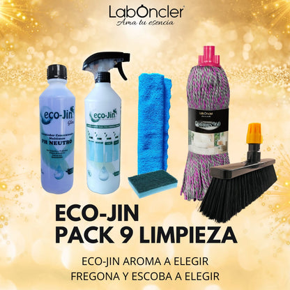 PACK 9 LIMPIEZA ECO-JIN (ELEGIR)+DIFUSOR+FREGONA (ELEGIR)+ESCOBA (ELEGIR)+BAYETA MICROFIBRA+ESTOPAJO CON ESPONJA LABONCLER