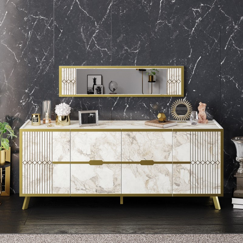 Aparador ELOISE, biIaminado mármol blanco con detalles dorados, 180 cms.