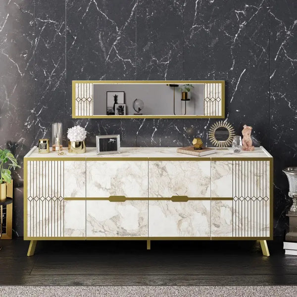 Aparador ELOISE, biIaminado mármol blanco con detalles dorados, 180 cms. Twin Hogar®