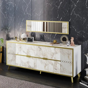 Aparador ELOISE, biIaminado mármol blanco con detalles dorados, 180 cms. Twin Hogar®