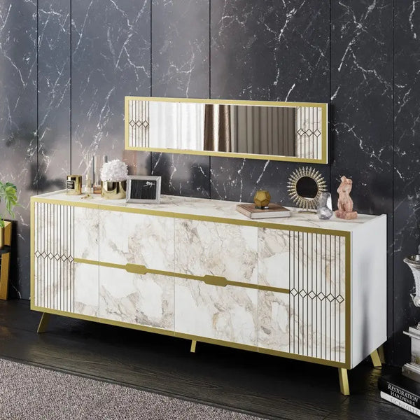 Aparador ELOISE, biIaminado mármol blanco con detalles dorados, 180 cms. Twin Hogar®