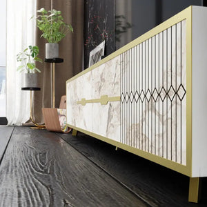 Aparador ELOISE, biIaminado mármol blanco con detalles dorados, 180 cms. Twin Hogar®
