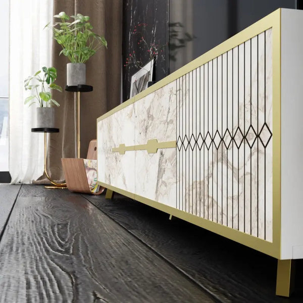 Aparador ELOISE, biIaminado mármol blanco con detalles dorados, 180 cms. Twin Hogar®