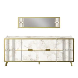 Aparador ELOISE, biIaminado mármol blanco con detalles dorados, 180 cms. Twin Hogar®