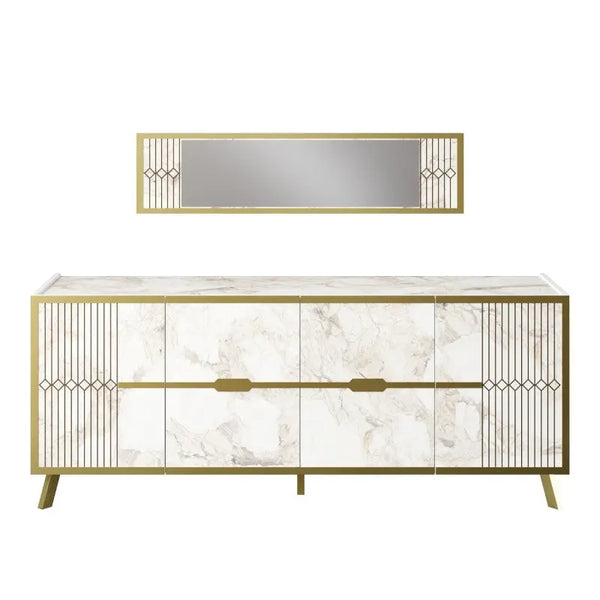 Aparador ELOISE, biIaminado mármol blanco con detalles dorados, 180 cms. Twin Hogar®