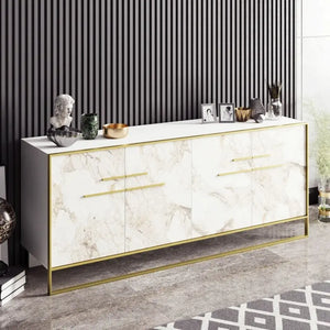 Aparador SIENA, biIaminado mármol blanco con metal dorado, 180 cms. Twin Hogar®