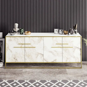 Aparador SIENA, biIaminado mármol blanco con metal dorado, 180 cms. Twin Hogar®