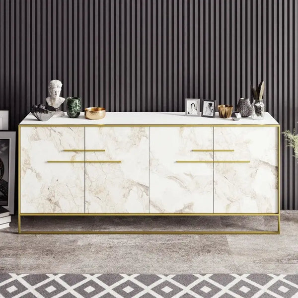 Aparador SIENA, biIaminado mármol blanco con metal dorado, 180 cms. Twin Hogar®