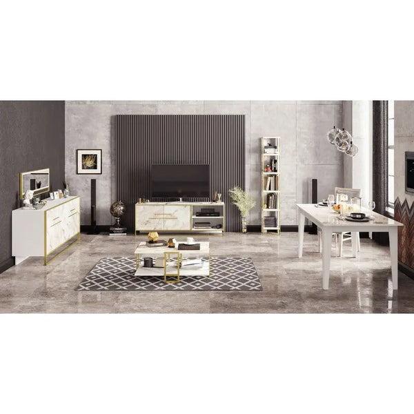 Aparador SIENA, biIaminado mármol blanco con metal dorado, 180 cms. Twin Hogar®