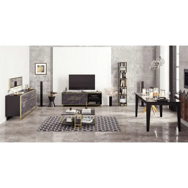 Aparador SIENA, biIaminado mármol negro con metal dorado, 180 cms. Twin Hogar®