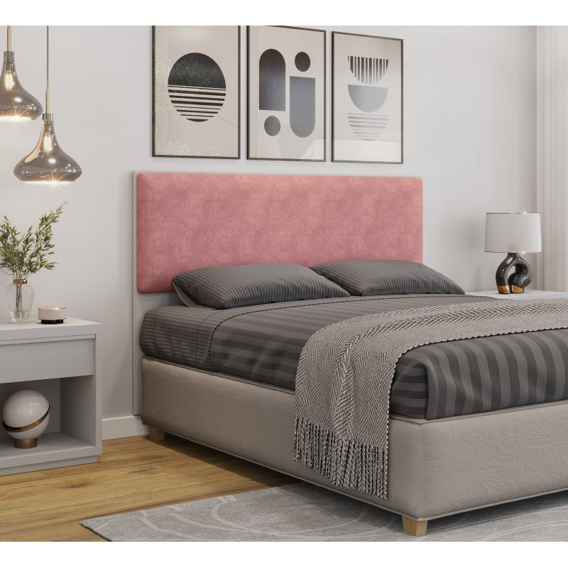 Cabecero tapizado UNI 160, MDP blanco, tejido velvet rosa, 160x5x90 cms