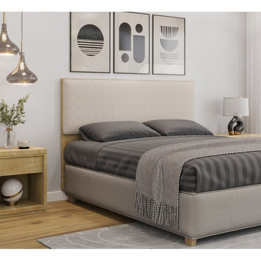 Cabecero tapizado UNI 160, MDP natura, tejido lino beige, 160x5x90 cms
