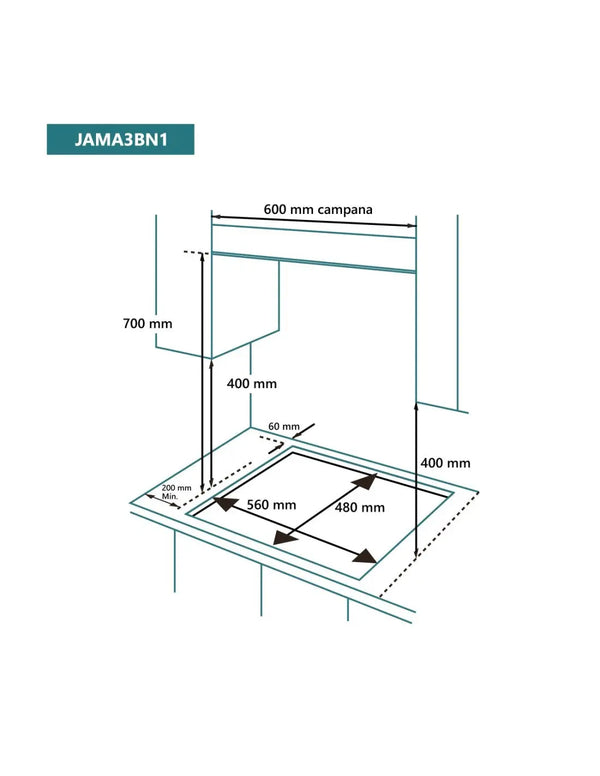 Placa de gas Johnson 60 cm 3 zonas cristal negro JAMA3BN1 Johnson
