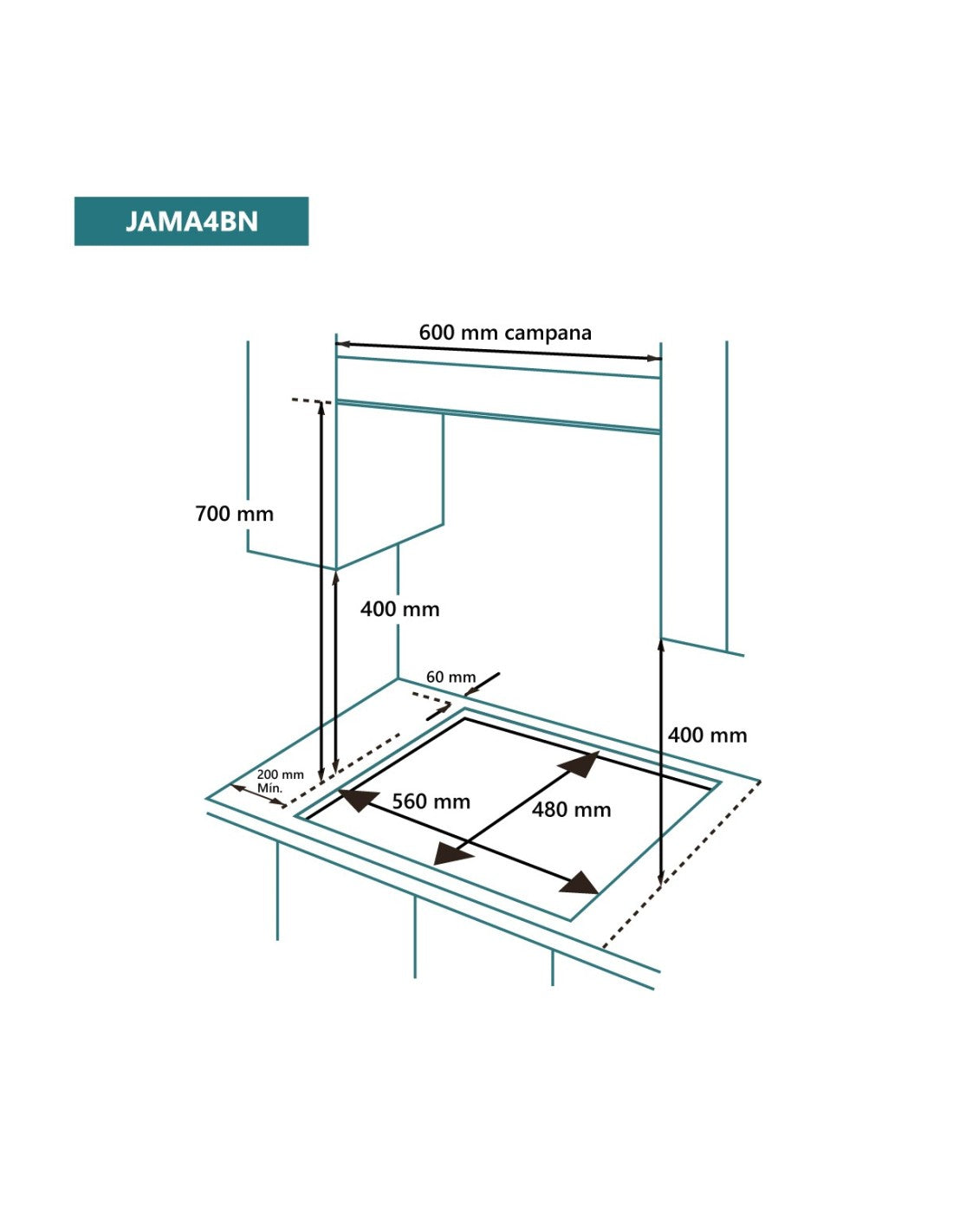 Placa de gas Johnson 60 cm 4 zonas cristal negro JAMA4BN