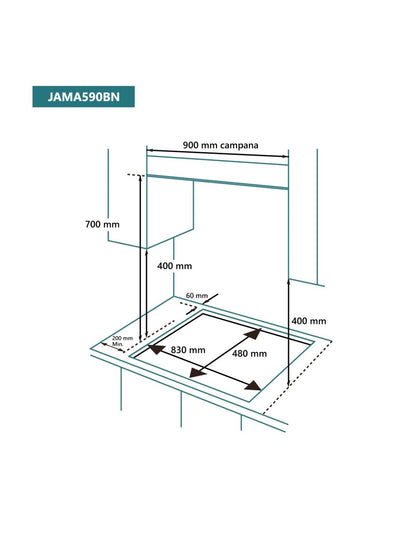 Placa de gas Johnson 90 cm 5 zonas cristal negro JAMA590BN