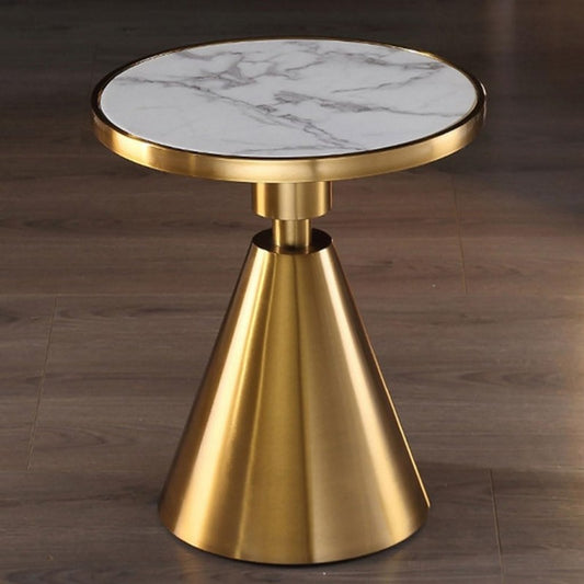 Mesa JASSY BL, baja, dorada, tapa cerámica mármol blanco, 50 cms de diámetro