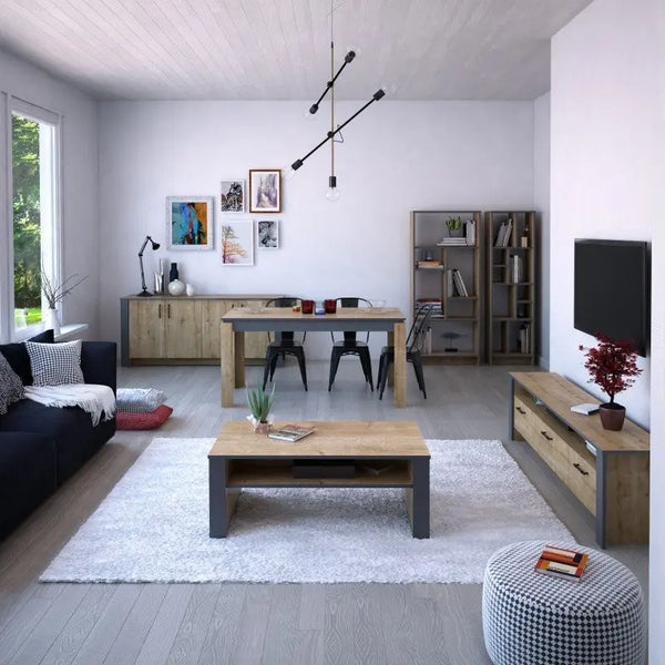 Mueble de TV PHILIPPA, biIaminado roble con gris oscuro, 180 cms. Twin Hogar®