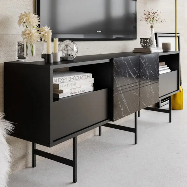 Mueble de TV SIMON, biIaminado mármol negro, 180 cms. Twin Hogar®