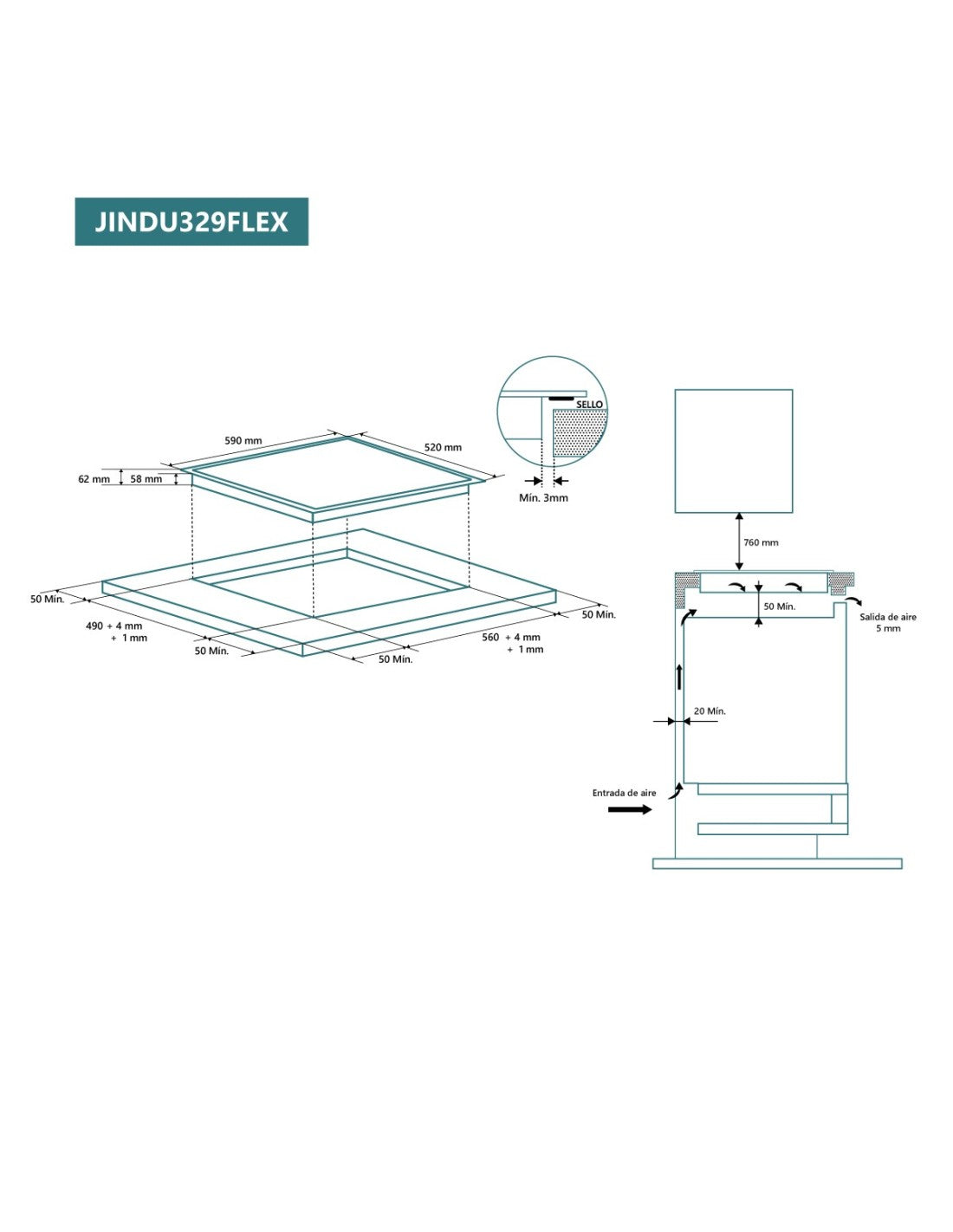 Placa de inducción Johnson 60 cm Flex con zona de 29 cm JINDU329FLEX