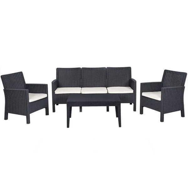 Set ADRIÁTICO, 2 Sillones + Sofá 3 plazas + mesa, polipropileno antracita, cojines incluidos Twin Hogar®
