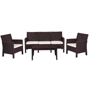 Set ADRIÁTICO, 2 Sillones + Sofá 3 plazas + mesa, polipropileno chocolate, cojines incluidos Twin Hogar®