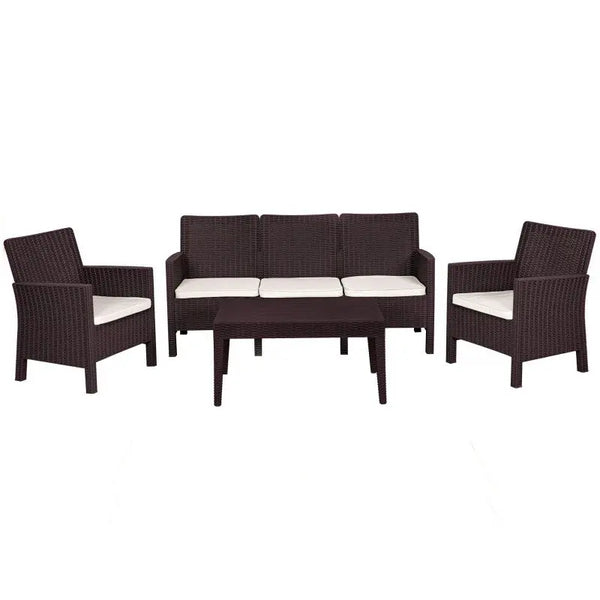 Set ADRIÁTICO, 2 Sillones + Sofá 3 plazas + mesa, polipropileno chocolate, cojines incluidos Twin Hogar®
