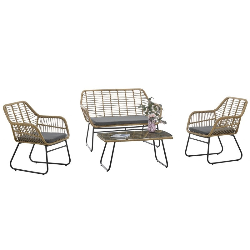 Set KROYA, 2 Sillones + Sofá 2 plazas + mesa, metal, ratán beige, cojines incluidos
