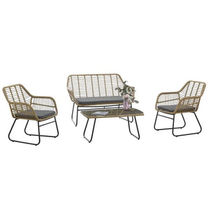 Set KROYA, 2 Sillones + Sofá 2 plazas + mesa, metal, ratán beige, cojines incluidos Twin Hogar®