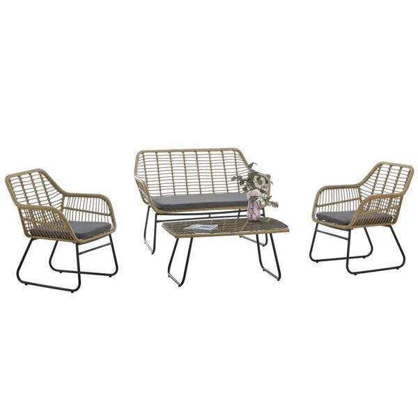 Set KROYA, 2 Sillones + Sofá 2 plazas + mesa, metal, ratán beige, cojines incluidos Twin Hogar®