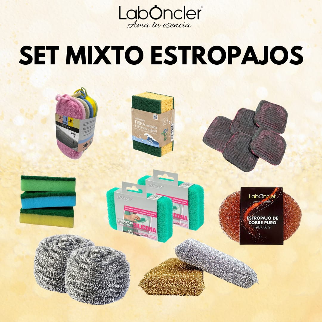SET MIXTO DE ESTROPAJOS: COBRE (2)-ESPONJA (3)-JABONOSO (5)-BIG INOX (2)-FIBRA (2)-SILICONA (2)-ANTIRAYADURA (2)-VITRO TWIST(5) LABONCLER