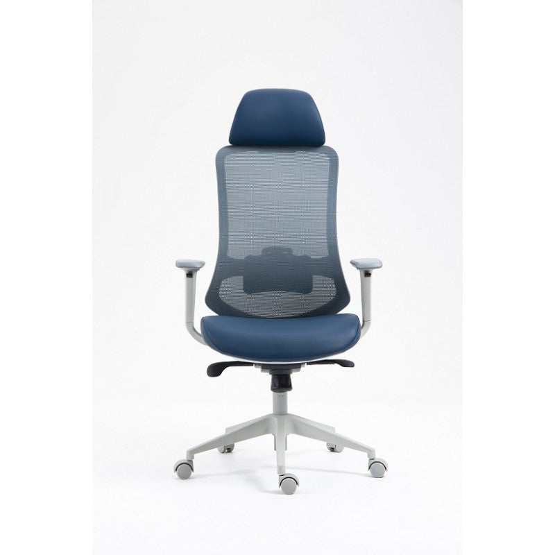 Sillón de oficina ARANJUEZ, alto, gris, ergonómico, multifunción, malla y asiento azul