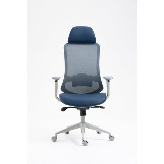Sillón de oficina ARANJUEZ, alto, gris, ergonómico, multifunción, malla y asiento azul