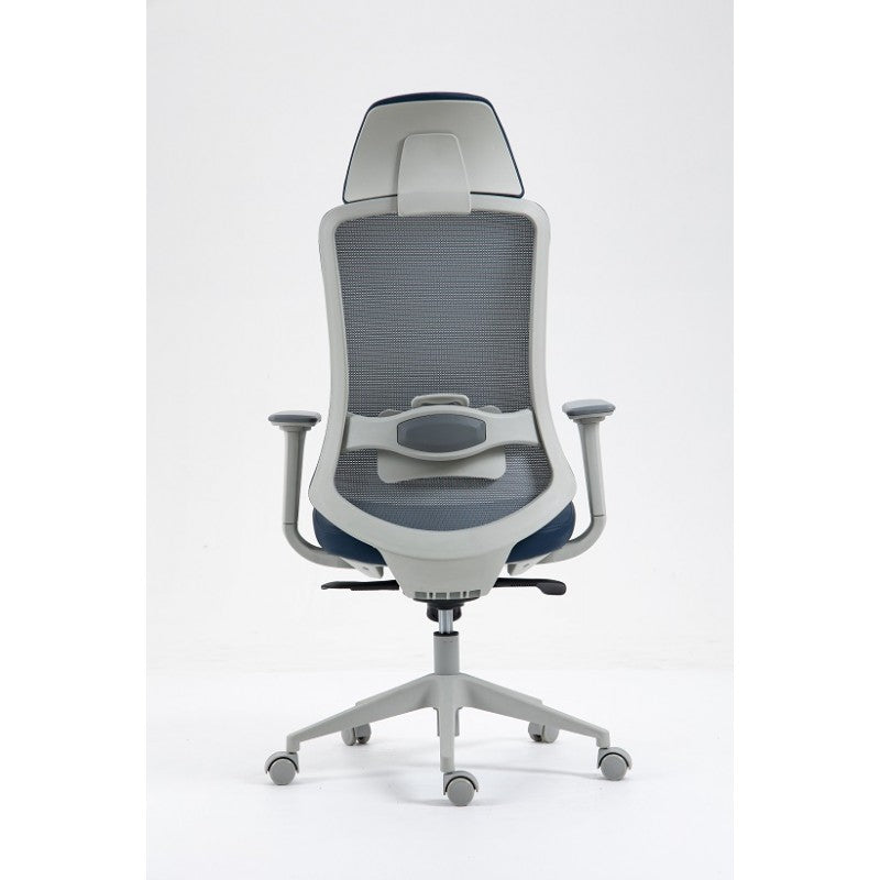 Sillón de oficina ARANJUEZ, alto, gris, ergonómico, multifunción, malla y asiento azul