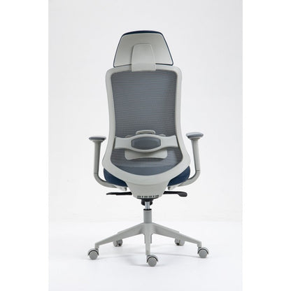 Sillón de oficina ARANJUEZ, alto, gris, ergonómico, multifunción, malla y asiento azul