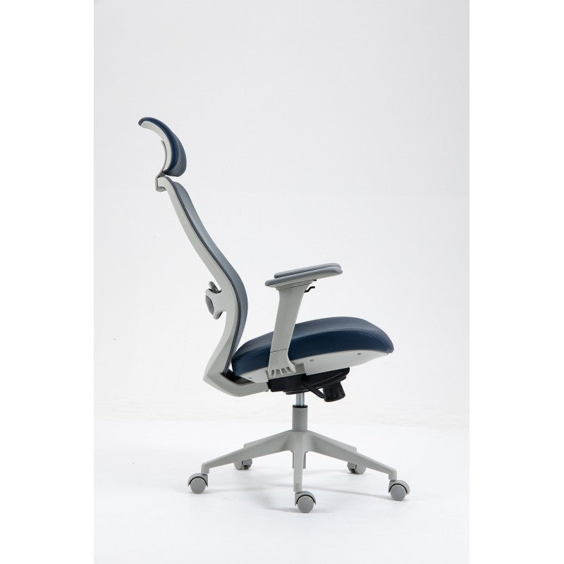 Sillón de oficina ARANJUEZ, alto, gris, ergonómico, multifunción, malla y asiento azul
